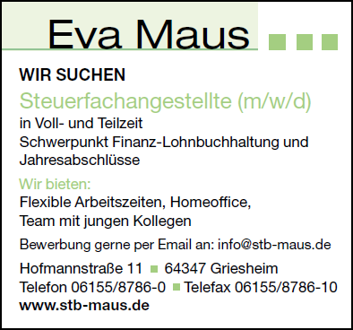 Stellenangebot Steuerberaterin Eva Maus, Griesheim